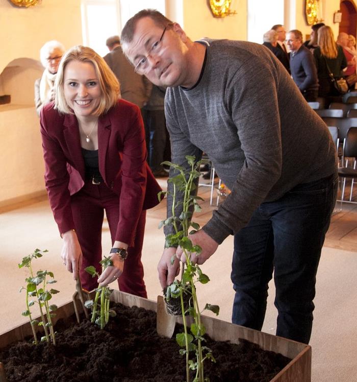 Blandt andre den nye ambassadør, Marie-Louise Thøgersen, og sidste års vinder af Karoffel-DM, Jan Bangert, fik æren af at plante årets første kartoffelplanter. Foto: Helge Lynggaard
